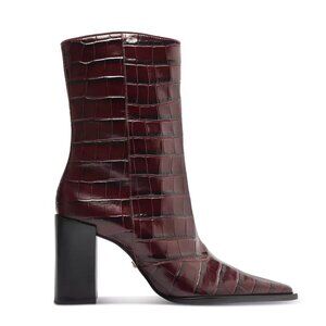 SCHUTZ Raffaela Booties Boots Heels Size 5 Merlot Wine Burgundy Croc Leather NEW